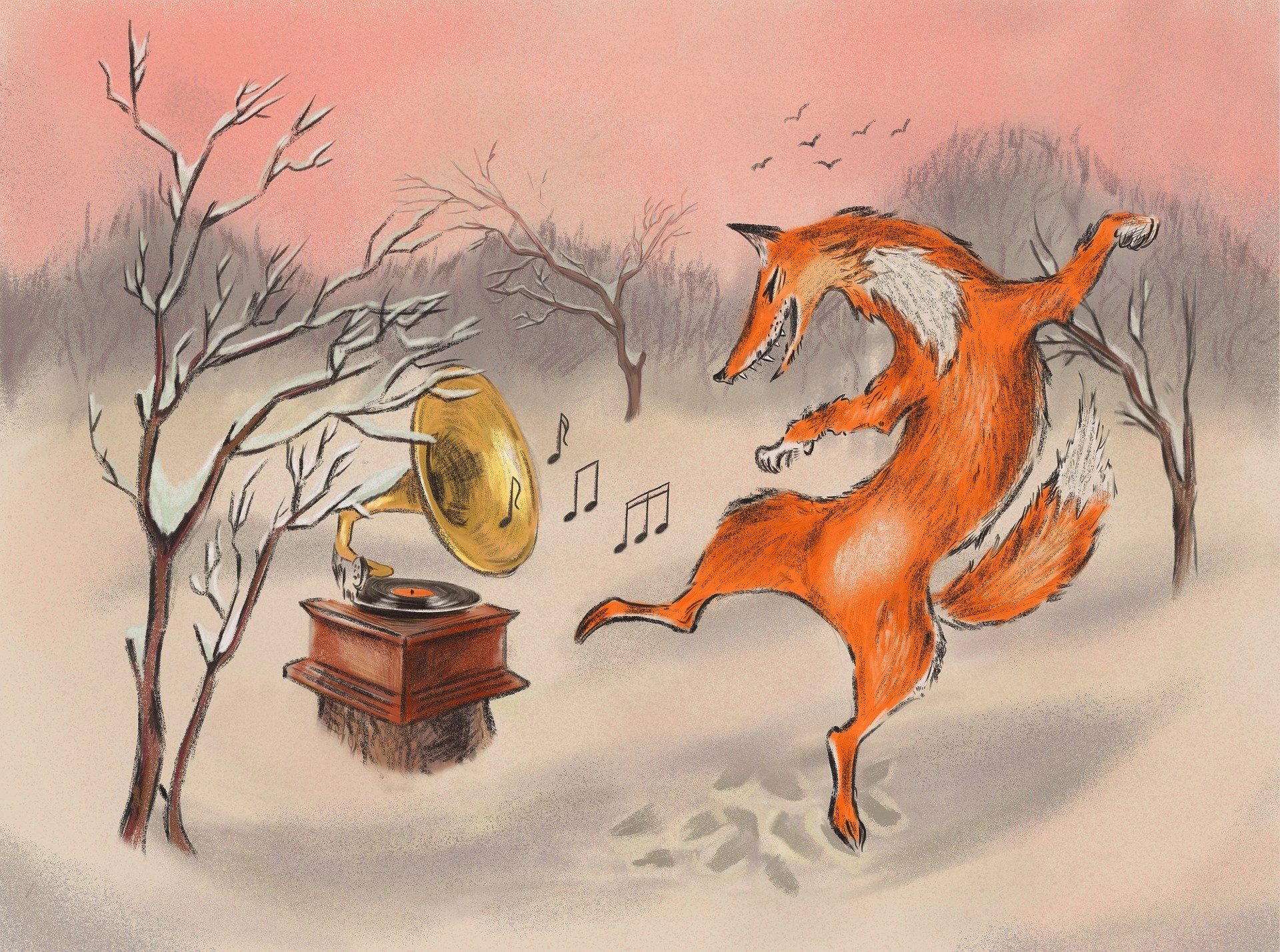 A red fox dancing in a forest to the rythmn of a gramaphone