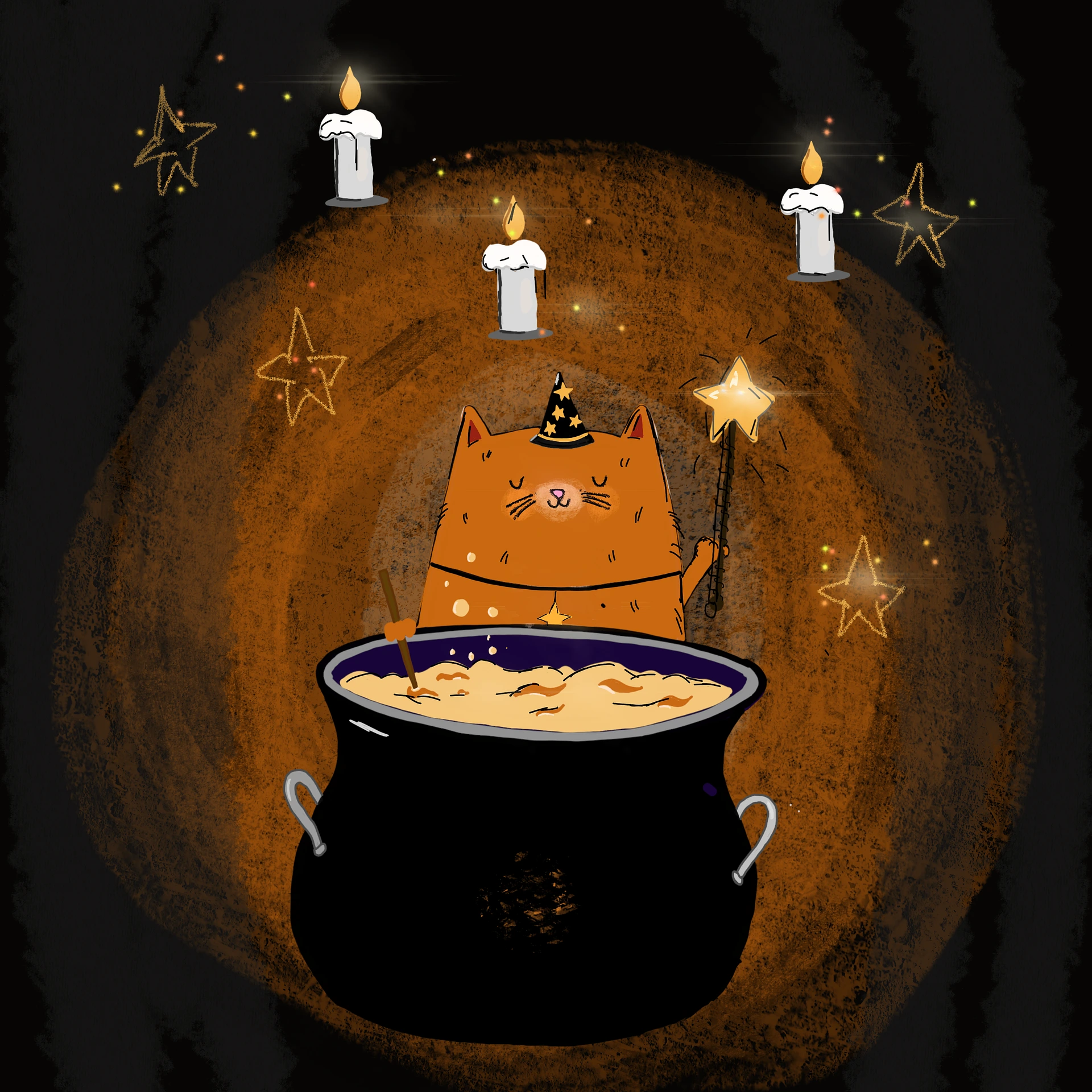 An orange cat with a witch hat in front of a stack of hay brewing something in a pot in front of him, with candles floating around it