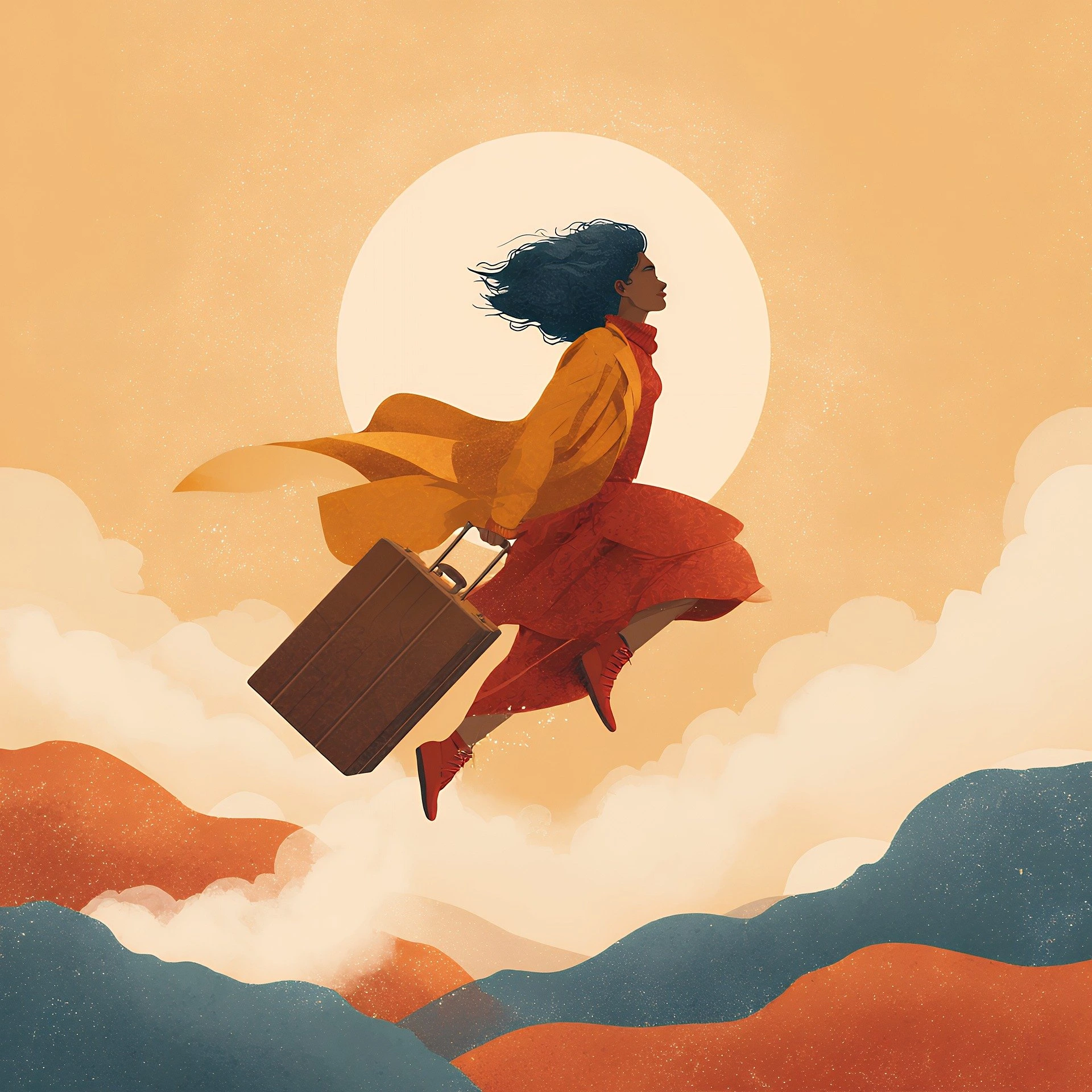 A lady with orange clothes and a suitcase running through a nice landscape with the sun on her side
