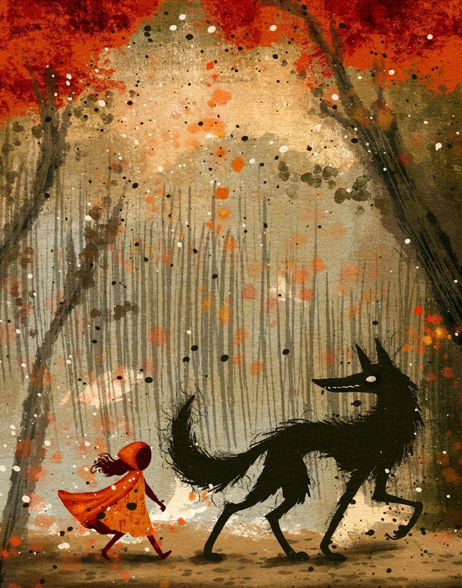 Little Red Riding Hood following the Wolf through the forest